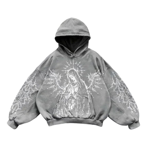 Wuxian Men Hooded Sweatshirt Retro Graphic Printed Pullover Hoodie Pullovers Tops Casual Loose Fit Athletic Sport Cozy Coat Dailywear,Grey,XL
