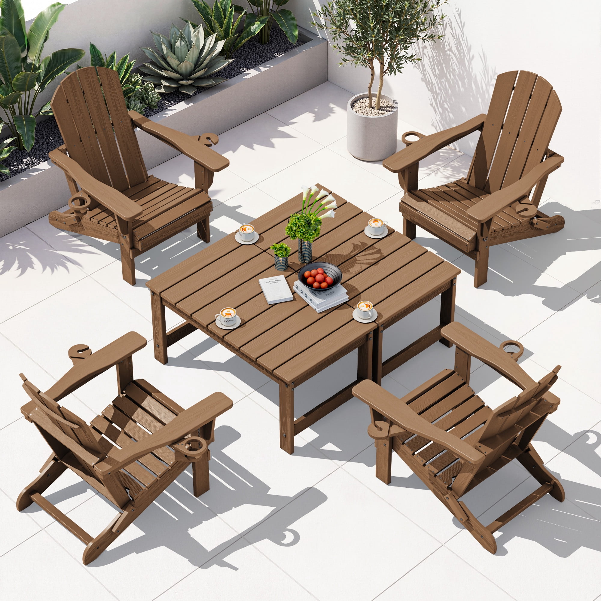 SERWALL Outdoor Rectangle Coffee Table with Umbrella Hole, 19.7" x 33.7" HDPE All Weather Patio Coffee Table, Brown