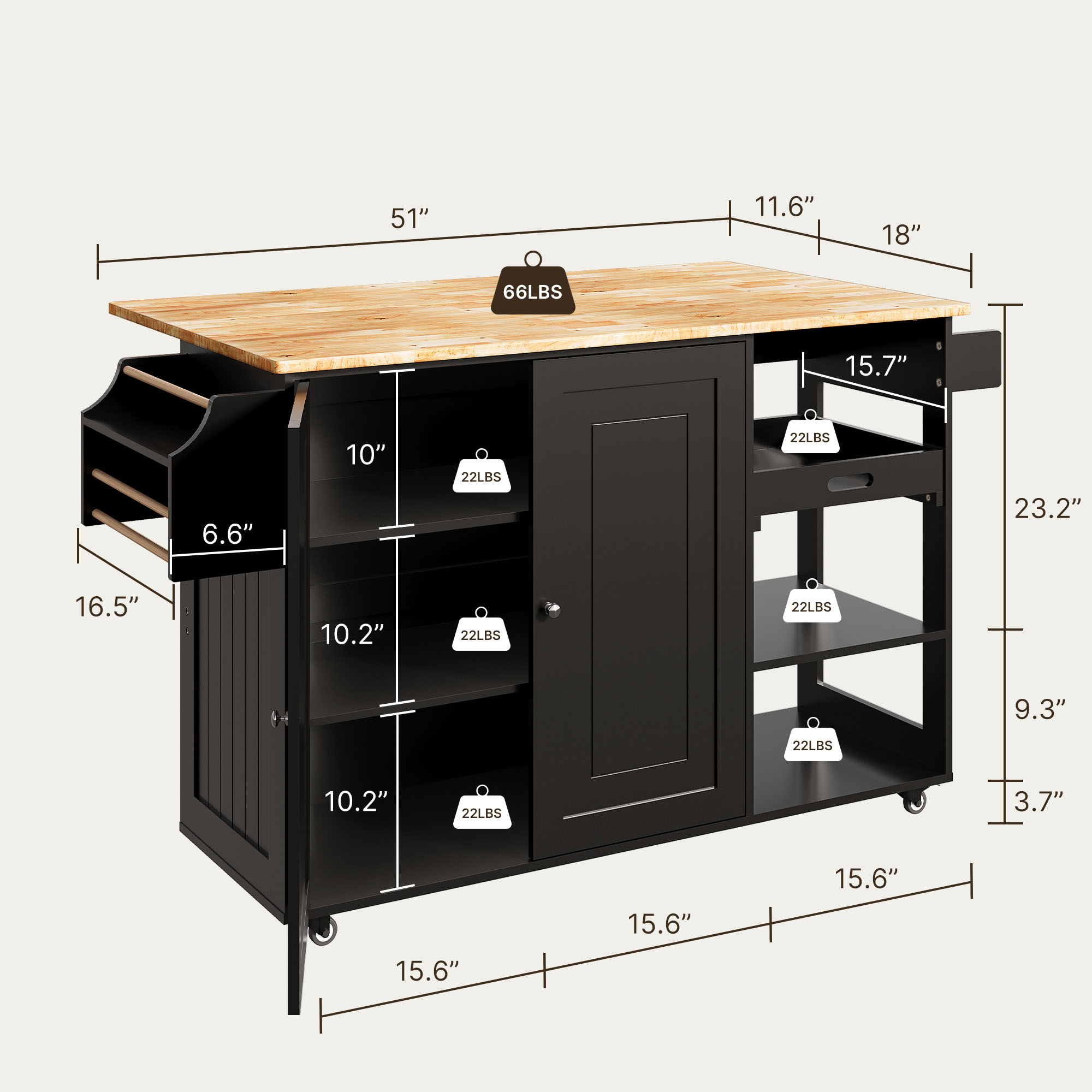 Kitchen Island with Storage, Lofka 41.7” Kitchen Island Cart with Drop Leaf, 1 Removable Tray, 2 Shelves, 1 Cabinet, Black