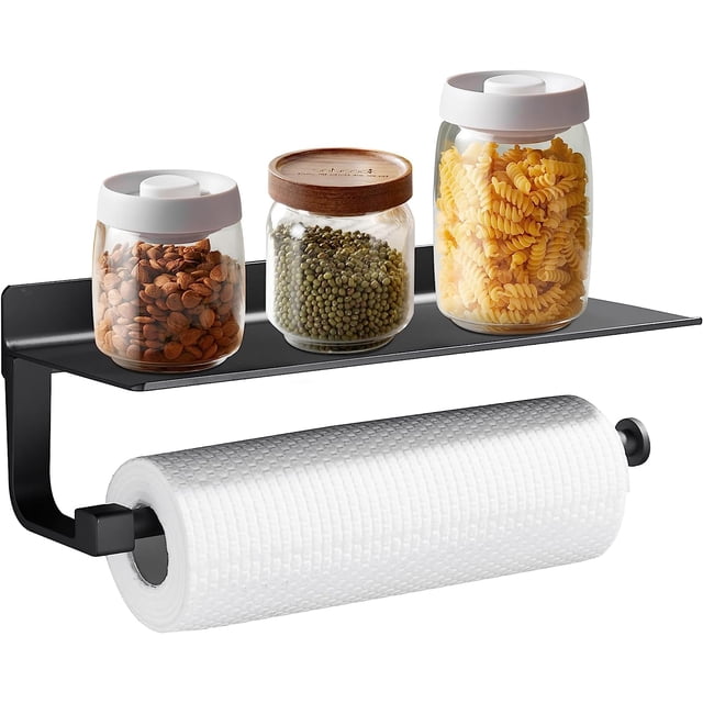 Soporte para pañuelos de cocina autoadhesivo (negro), soporte para pañuelos de cocina de 33 cm con estante, sin perforación, accesorios de cocina