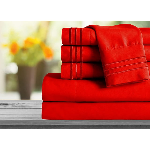 Mocassi 1800 Series Ensemble de Draps 6 Pcs Poche Profonde Grand Lit Rouge
