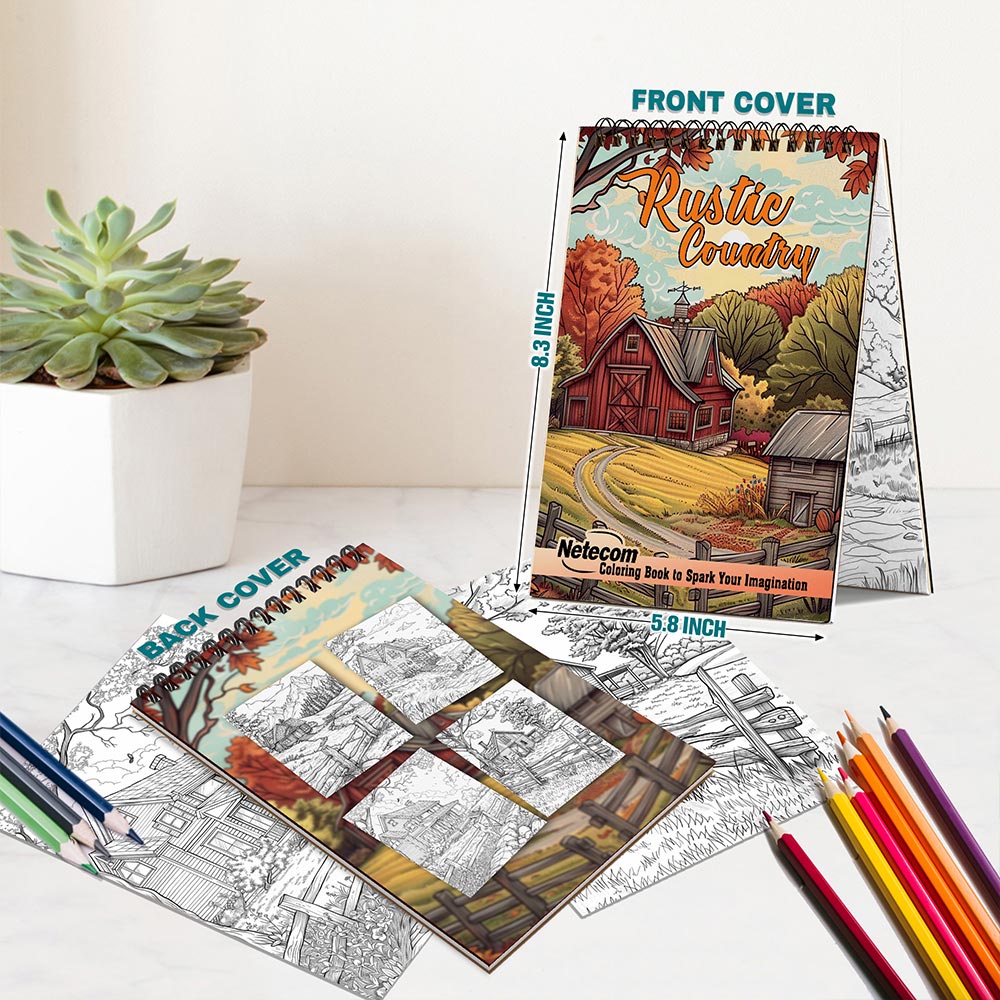 Netecom Rustic Country Coloring Book Spiral Bound for Adults, A5 Wooden Cover, 30 Charming Coloring Pages of Cozy Cottages for Stress Relief and Relaxation