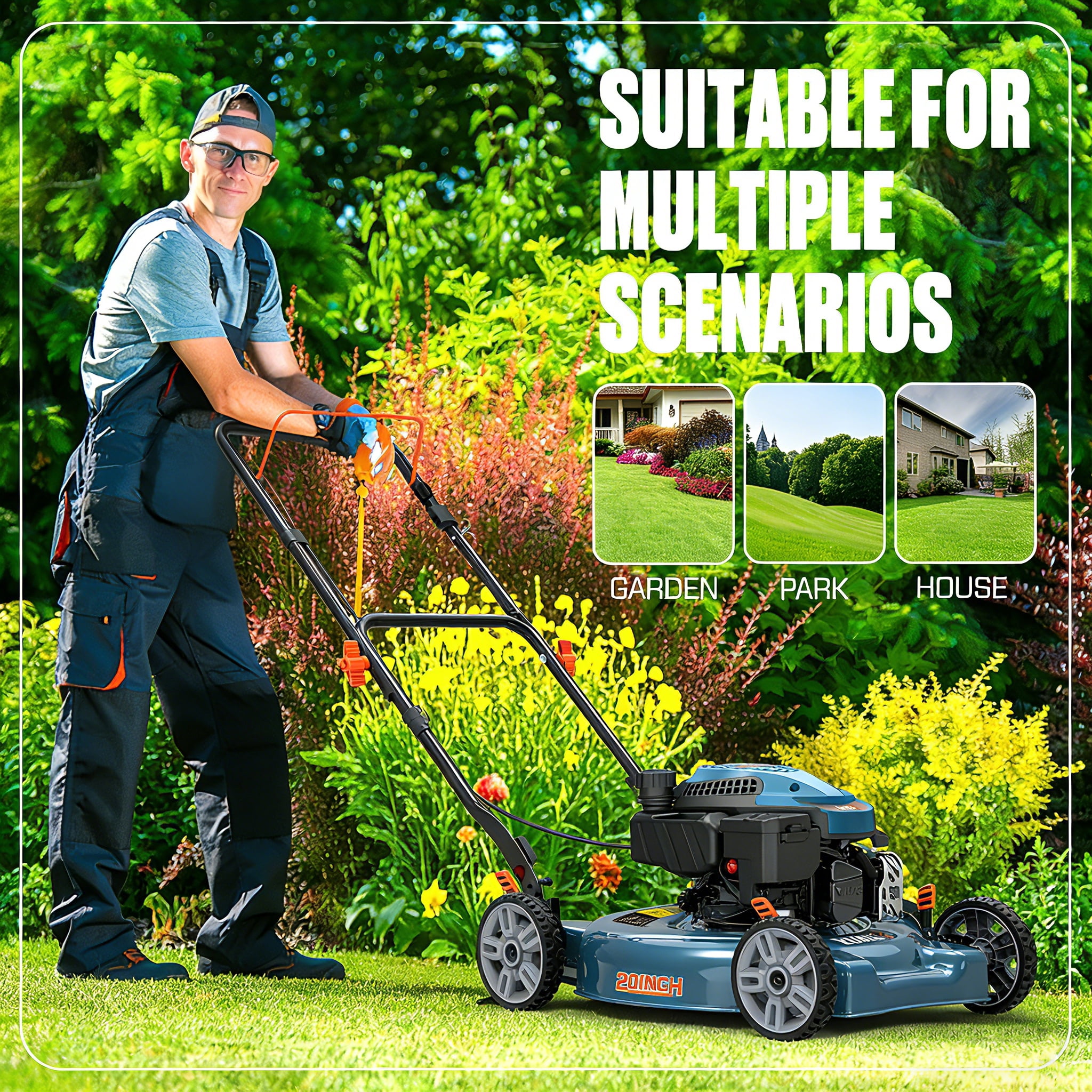 SENIX 20-Inch Gas Lawn Mower,144cc 4-Stroke Engine Push Mower with Steel Deck, Side Discharge & 5-Position Height Adjustment, Foldable