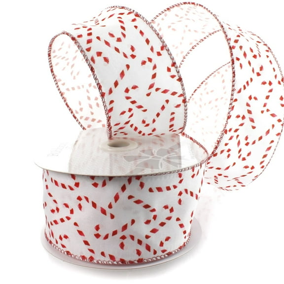 Ribbon Traditions Candy Canes on White Wired Ribbon 2 1/2" by 25 Yards
