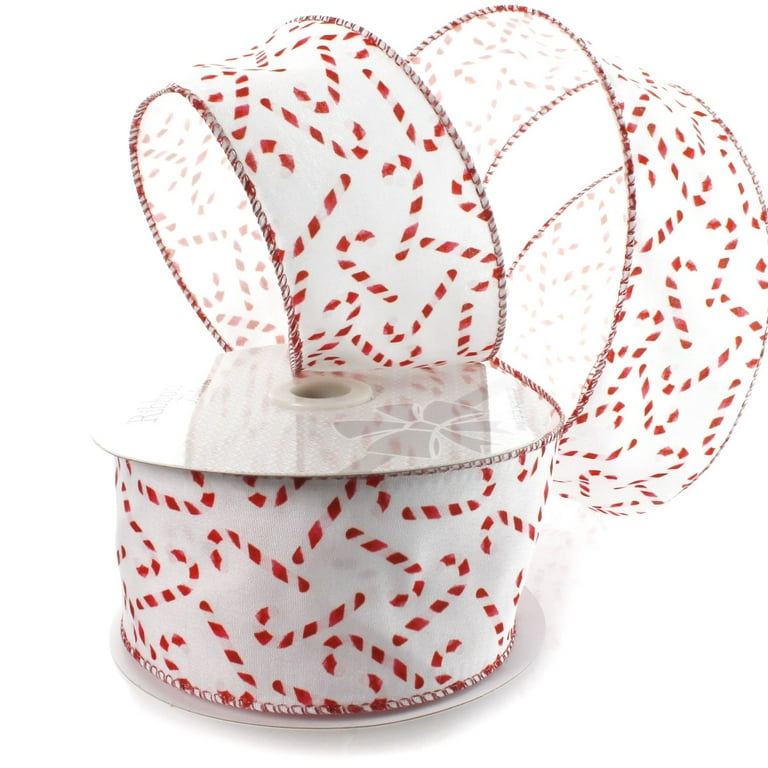 Ribbon Traditions Candy Canes on White Wired Ribbon 2 1/2 by 25 Yards