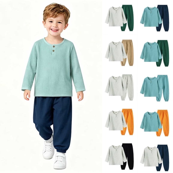 Yeaiivve Jogger Sets for Toddler Boys 2 Piece Summer Outfits Breathable Long Sleeve Henley Top and Jogging Pants Suits for Play Travel Lounging Army Green 2-3 Years