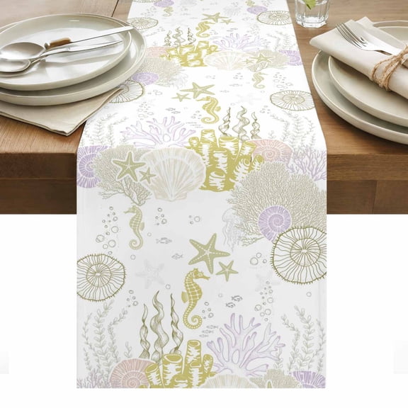 Coastal Table Runner - 48 Inch Long, Kitchen Dining Table Runner Dresser Scarves, Yellow-green Ocean Coral Starfish Jellyfish Farmhouse Decor for Coffee Tables Wedding Party Banquet