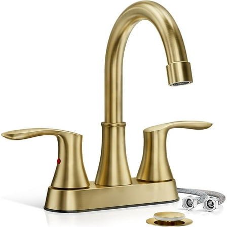 Brushed Gold Bathroom Faucet - 4 inch 3 Hole 2-Handle Centerset Vanity Mixer Taps With Drain, 360°Swivel,High Arc Design