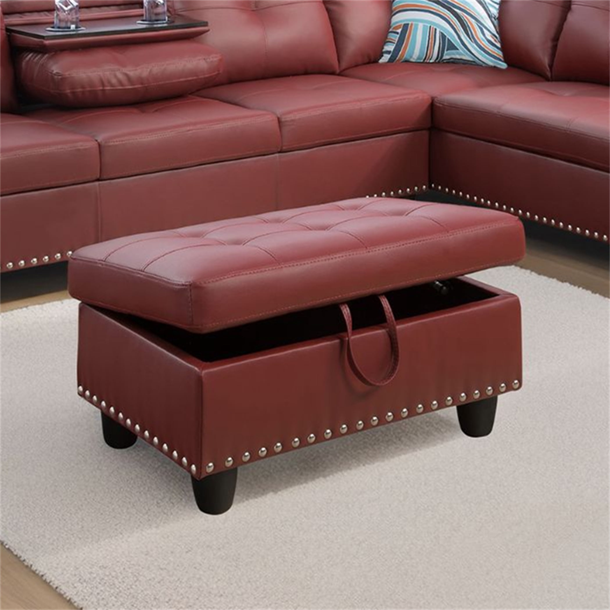 Aukfa 29" Storage Ottoman Bench for Sectional Sofa for Home Office, Nailhead Trim&Lift Top, Leather, Red