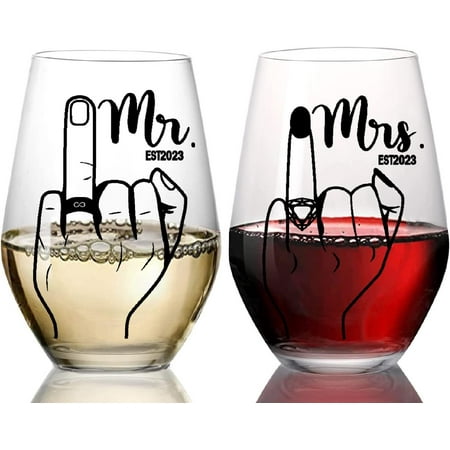 

Engagement Gifts for Couples - Funny Bridal Shower Gift for Bride Finger Wine Glasses Set of 2 Wedding Gift for Mr and Mrs Newlywed Christmas Gift for Couples18.5OZ