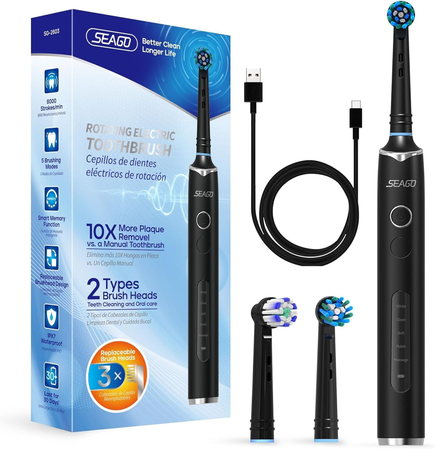 Electric Toothbrush with 3 Brush Heads, 5 Modes Rechargeable Toothbrush Waterproof