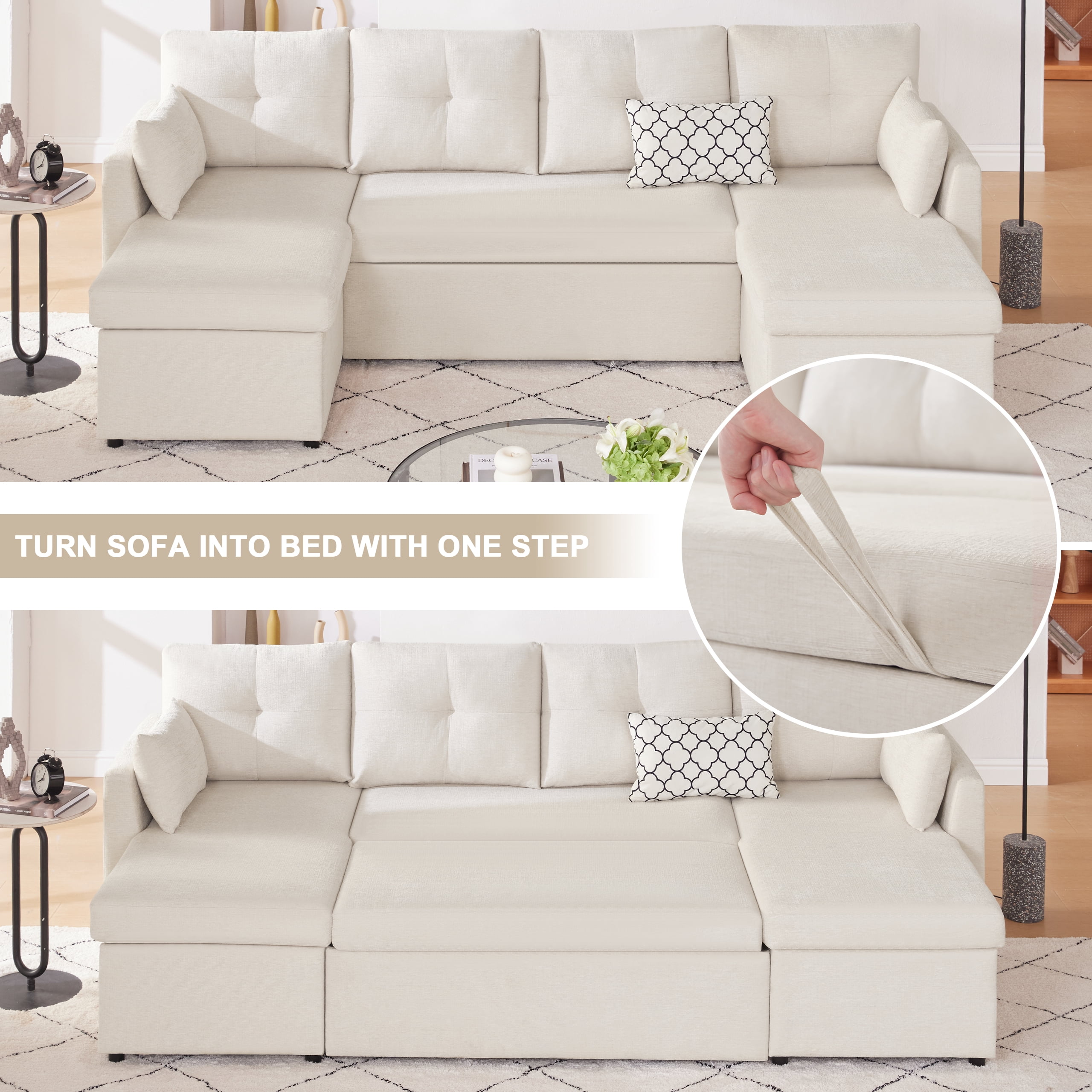 Weture Sectional Sleeper Sofa, 2 in 1 Pullout Couch Bed with Storage Chaise and Pillows, Side Pocket, Beige