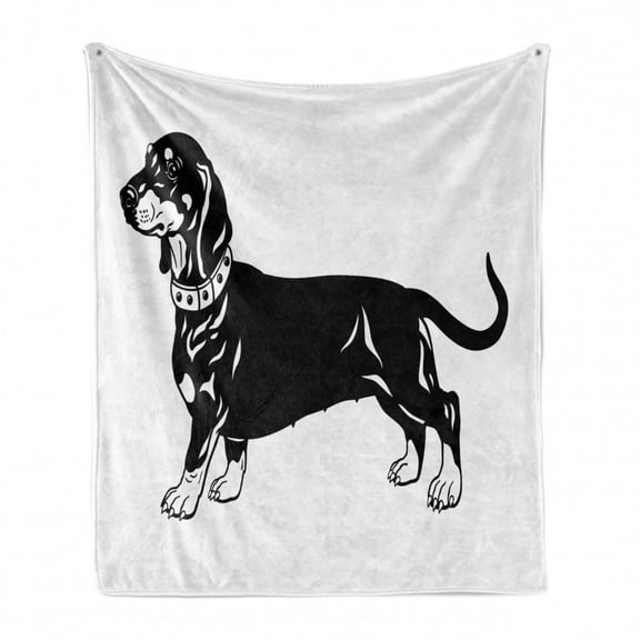 Dachshund Soft Flannel Fleece Throw Blanket, Simplistic Dog Illustration with Monochrome Long Torso Breed, Cozy Plush for Indoor and Outdoor Use, 60" x 80", Black and White, by Ambesonne
