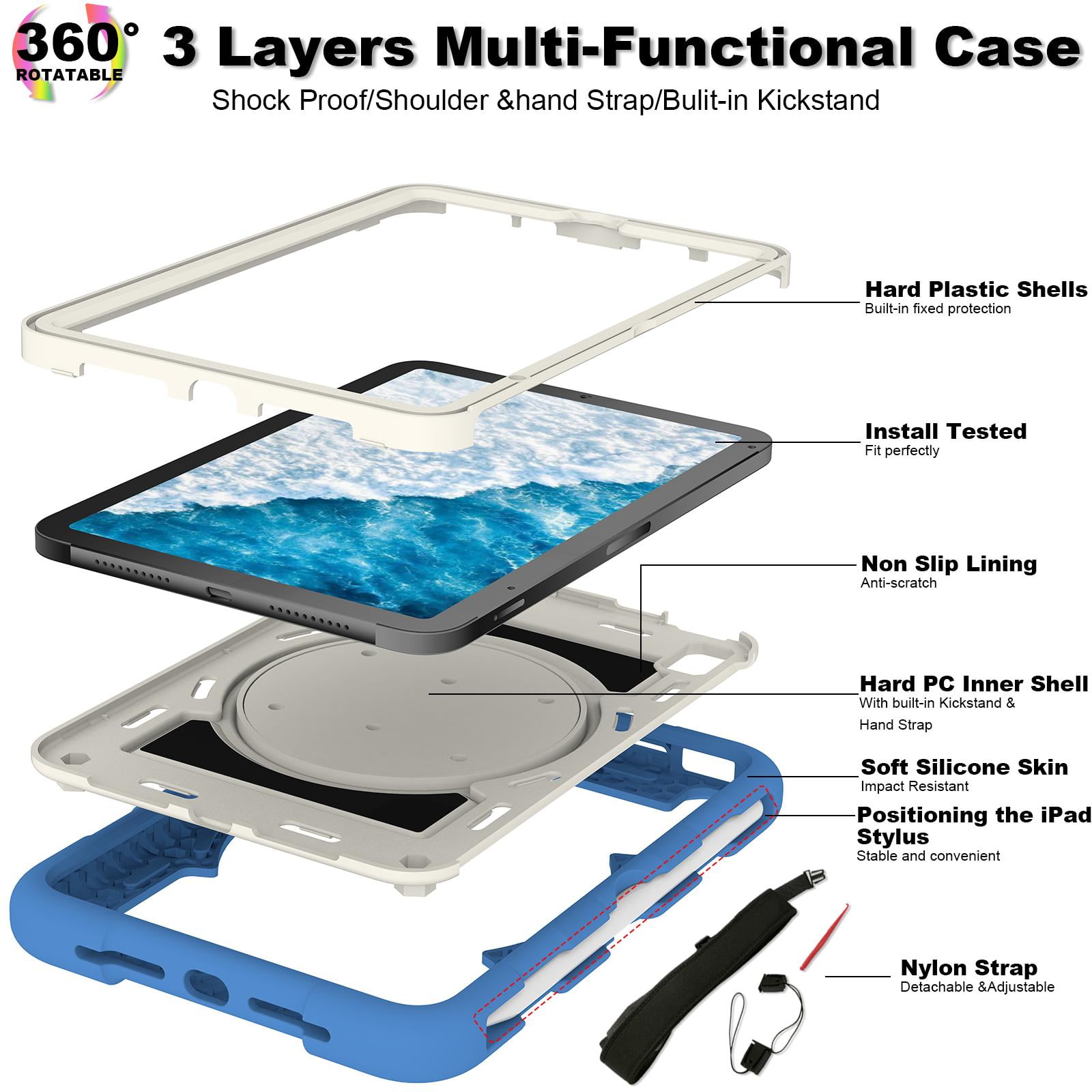 TECH CIRCLE for Apple iPad Mini (A17 Pro/A15) 7th/6th Generation Case 8.3-Inch (2024/2021 Release), Durable Shockproof Protective Back Cover Case with Kickstand /Hand Strap /Shoulder Strap, Blue