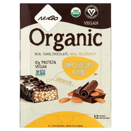 NuGo chocolat noir aux amandes Barres de protéines organiques, 1,76 oz, 12 count