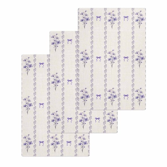 Purple Flowers Kitchen Dish Towels for Drying Dishes Set of 3, Spring Floral Bows Lines Vintage Beige Waffle Weave Microfiber Hand Tea Bathroom Towels Quick Dry & Absorbent Towel 15.7x23.6