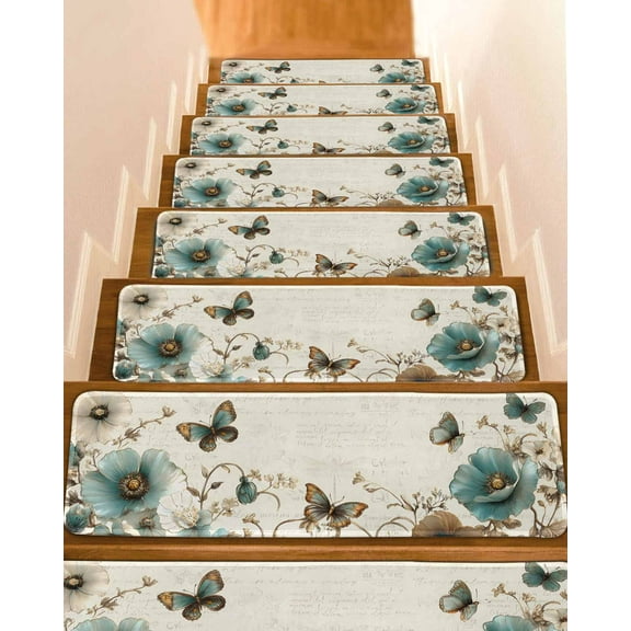 Turquoise Flowers Stair Treads for Wooden Steps Indoor Runner Rug Carpet, Vintage Farmhouse Spring Butterfly 4 Pieces Peel and Stick Staircase Step Treads Covers Washable Throw Door Mats, 30"x8"