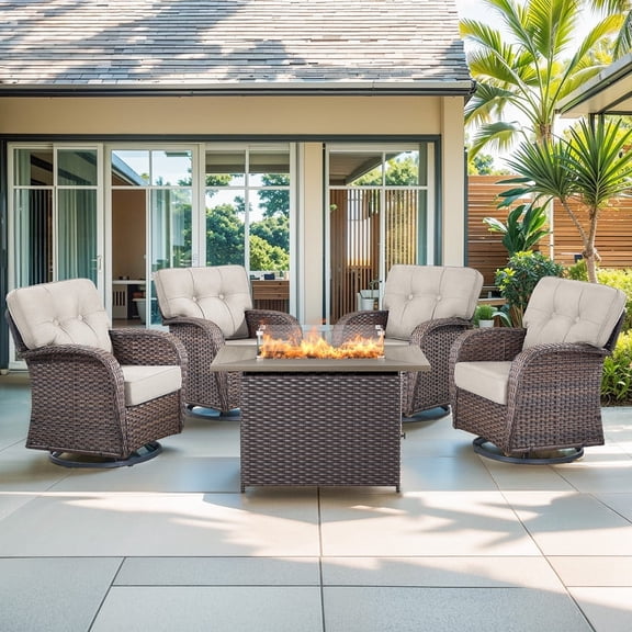 Gymojoy 5-Piece Patio Conversation Set with 4 Swivel Glider Lounge Chairs with 5 Inch Cushions and 41 Inch Fire Pit Table,50,000 BTU, Outdoor Furniture Set for Garden, Deck, Backyard