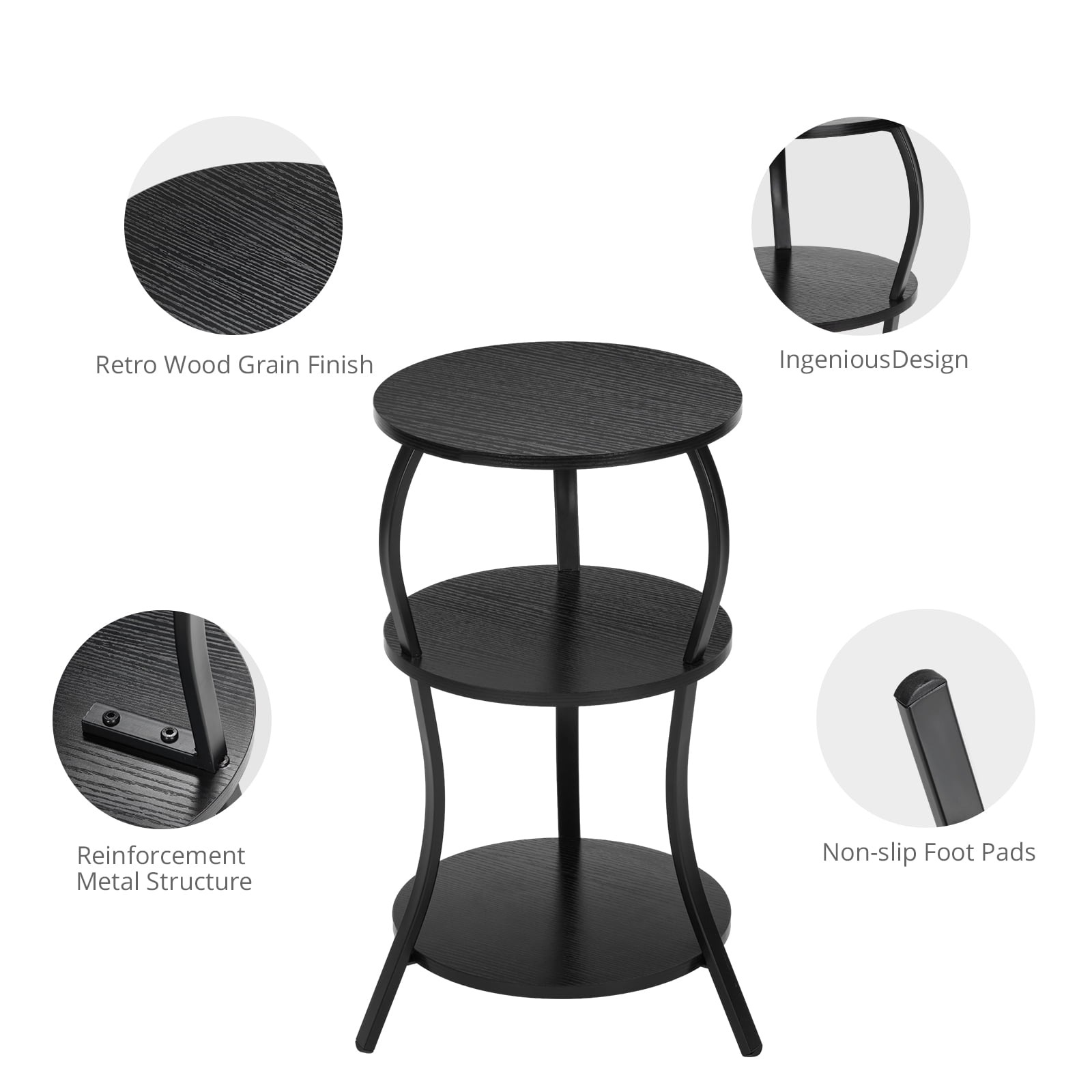ZEXVIDA Vintage Small Round Side Table, 3-Tier Circular End Table with Storage Shelf, Compact Tea Sofa Table, Round Corner Coffee Table Nightstand for Living Room Bedroom Small Spaces,Black