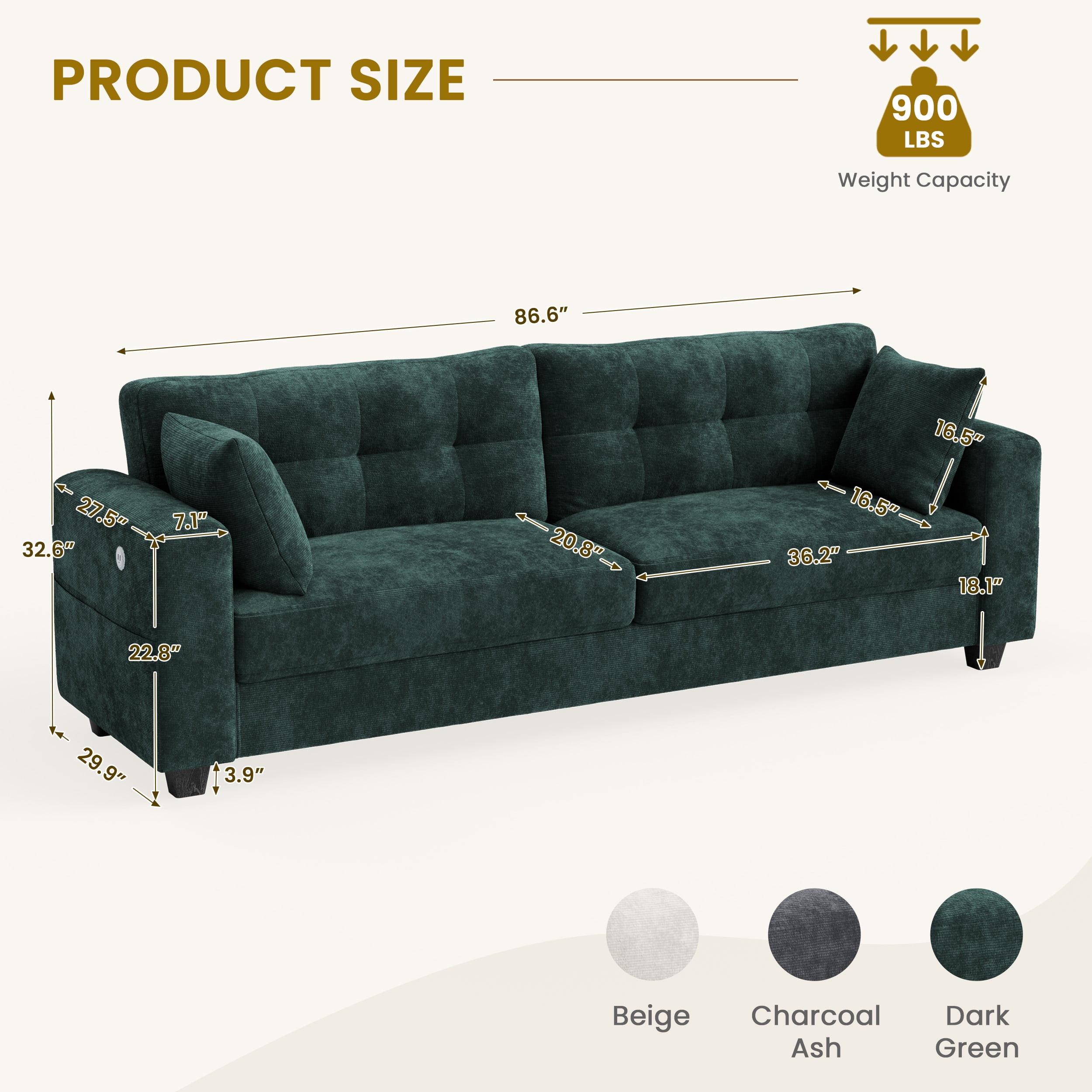 WISHEAD 87" Large 3 Seater Sofa Couch for Living Room, Office, Oversized Couches with Extra Deep Seat, USB Charging Port, 2 Pillows, Dark Green