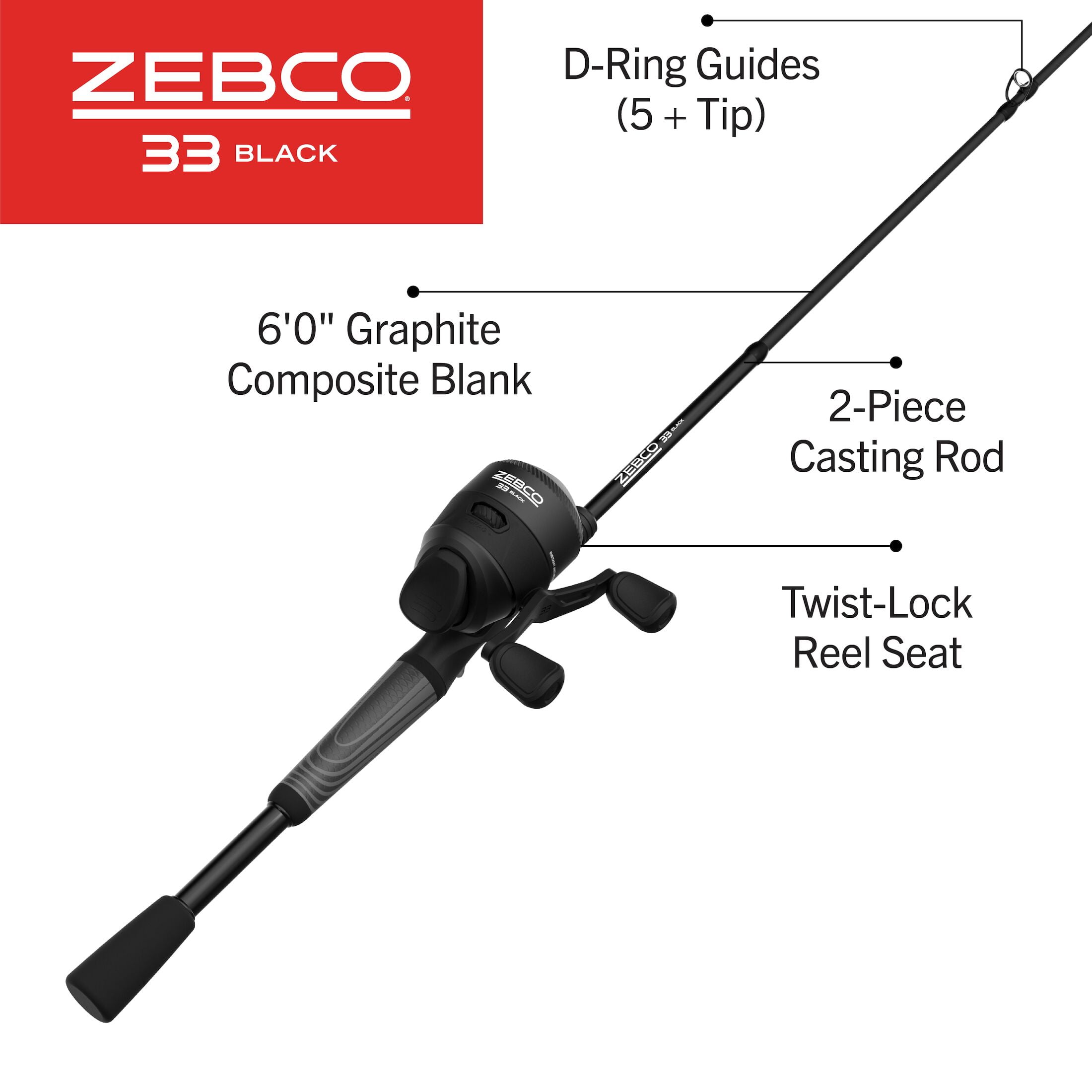 Zebco 33 Black Spincast Reel and Fishing Rod Combo, 6-Foot 2-Piece Graphite  Rod with ComfortGrip Handle, QuickSet Anti-Reverse Fishing Reel with