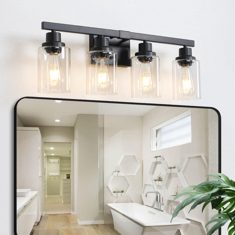 24" Black 4-Light Bathroom Vanity Light Fixture, Industrial Wall Sconce with Clear Glass Shades for Bathroom Lighting Over Mirror, Bedroom, Hallway – E26 Base (Bulbs Not Included)