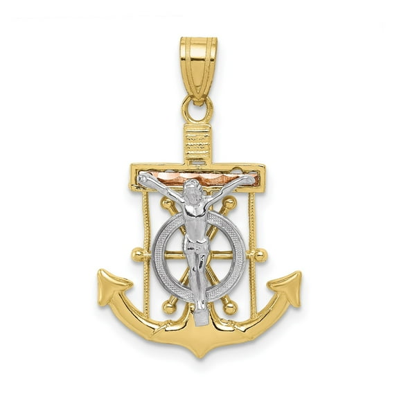 10k Tri Color Gold Mariners Anchor Cross Pendant Necklace for Men and Women Diamond Cut Crucifix Nautical Religious Jewelry Spiritual Faith Statement Design