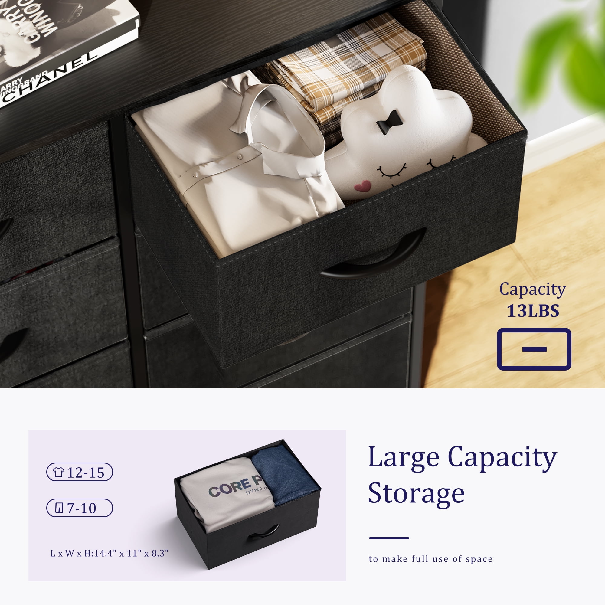 EDX Fabric Dresser for Bedroom, Tall Dresser with 8 Drawers, Metal Frame, Wood Tabletop, Black