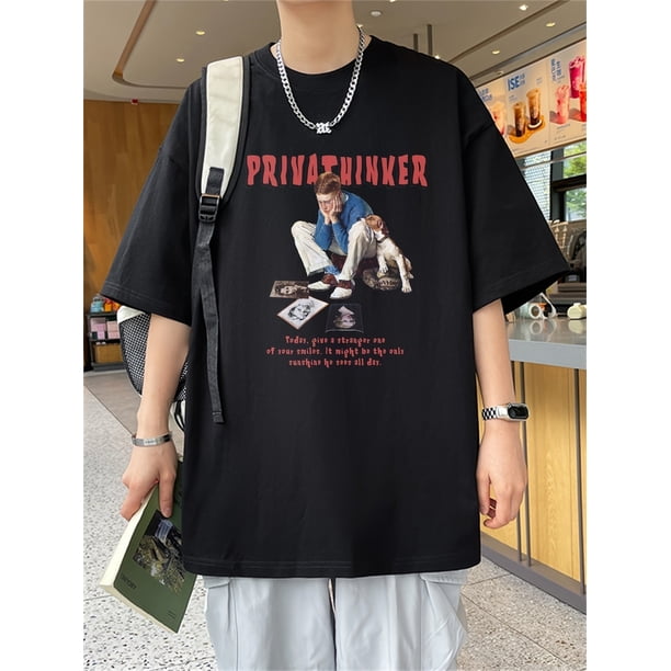PRIVATINKER Graphic Men's T-Shirt - Casual Black Cotton Tee with White Lettering, Short Sleeves, Round Neck, Loose Fit, Machine Washable - Ideal for Casual Attire