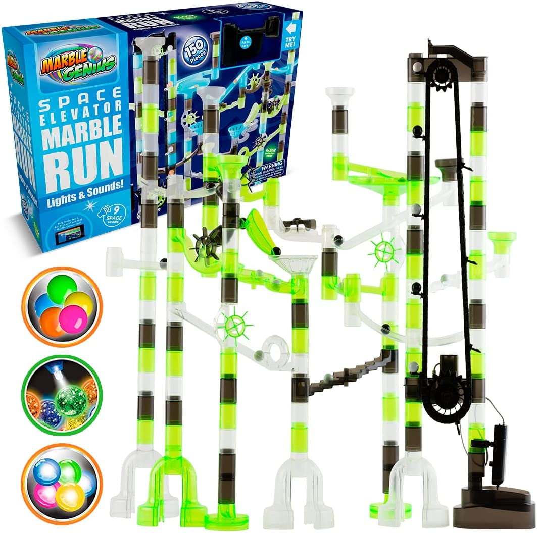 Marble Genius Space Elevator Marble Run with Glass Glow Marbles