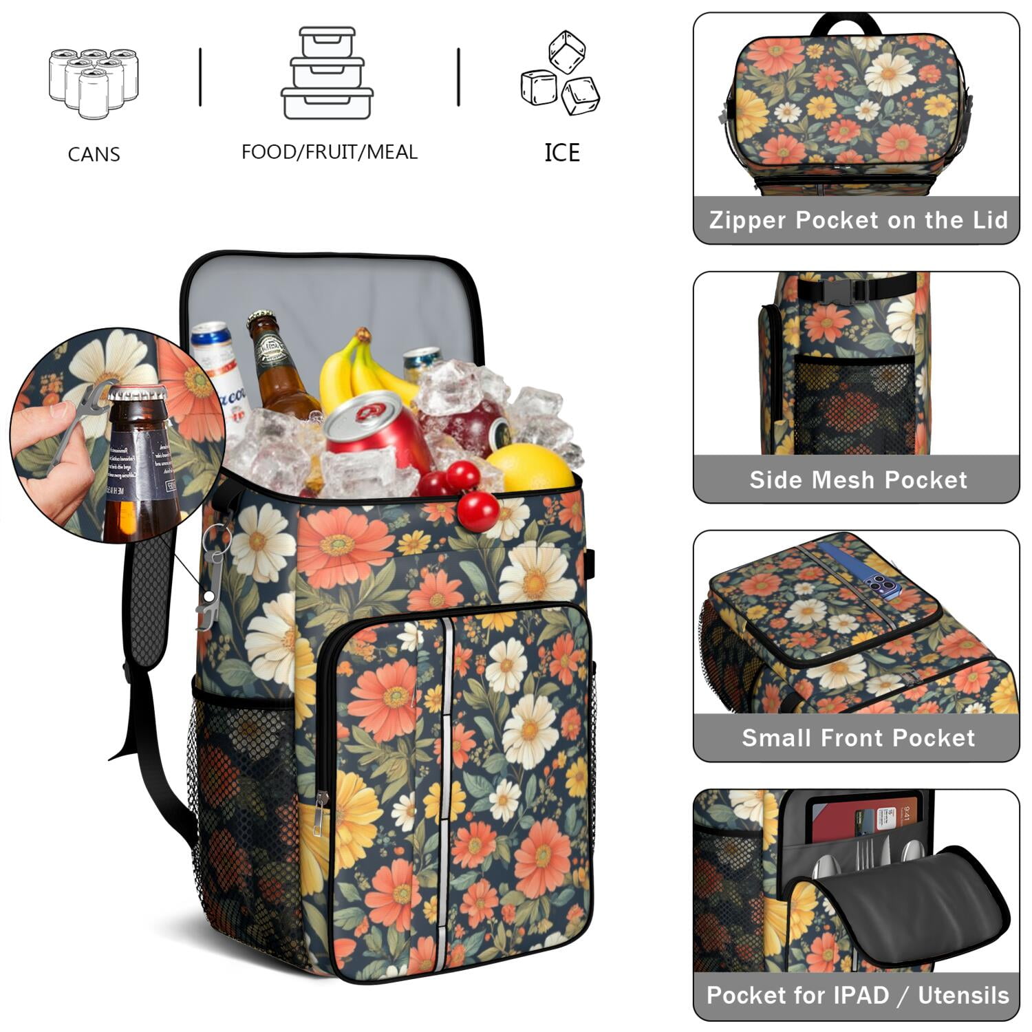 Travel Cooler Bag - Pioneer Flower Floral Print Pattern Camping Beer Cooler Backpack with Bottle Opener- Waterproof Insulated Picnic Backpacks - Cooler Bag for Beach