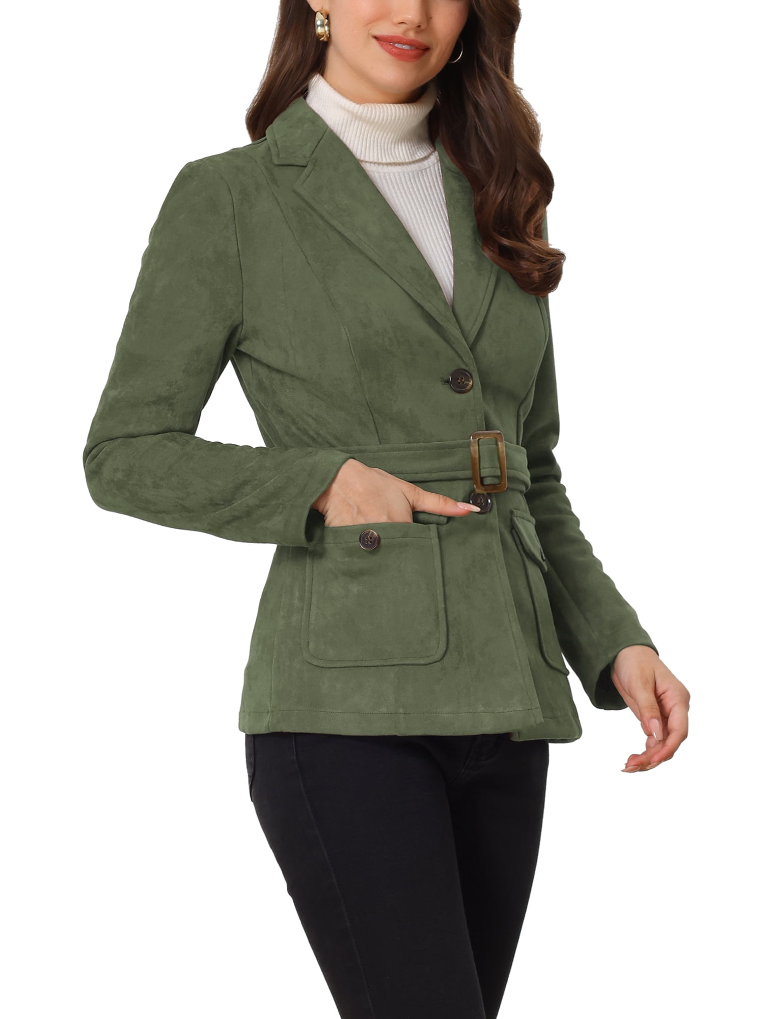 Unique Bargains Women's Faux Suede Belted Long Sleeve Single Breasted Blazer L Army Green
