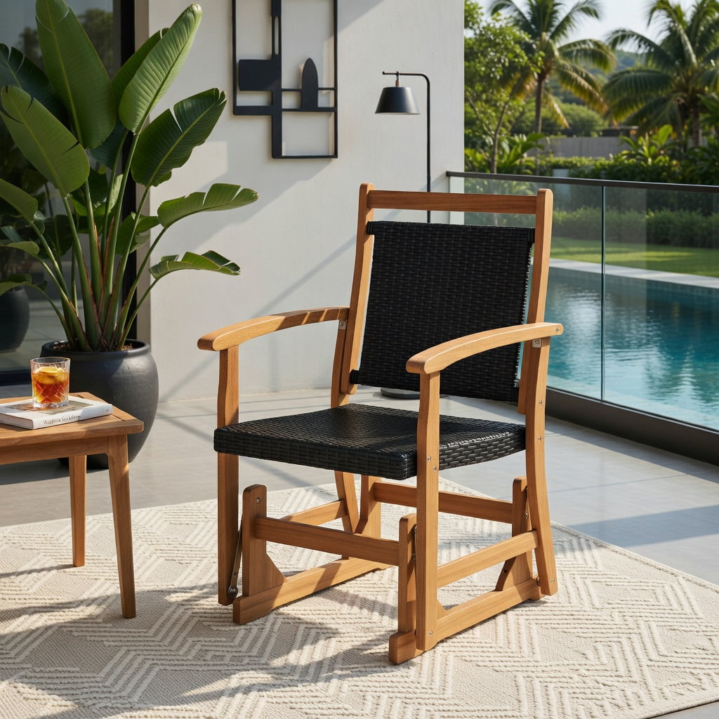 Hommoo Outdoor Glider Chair with PE Rattan Seat & Back, Acacia Wood Frame, Mixed Wicker Patio Rocking Chair for Backyard, Balcony, Poolside, Brown