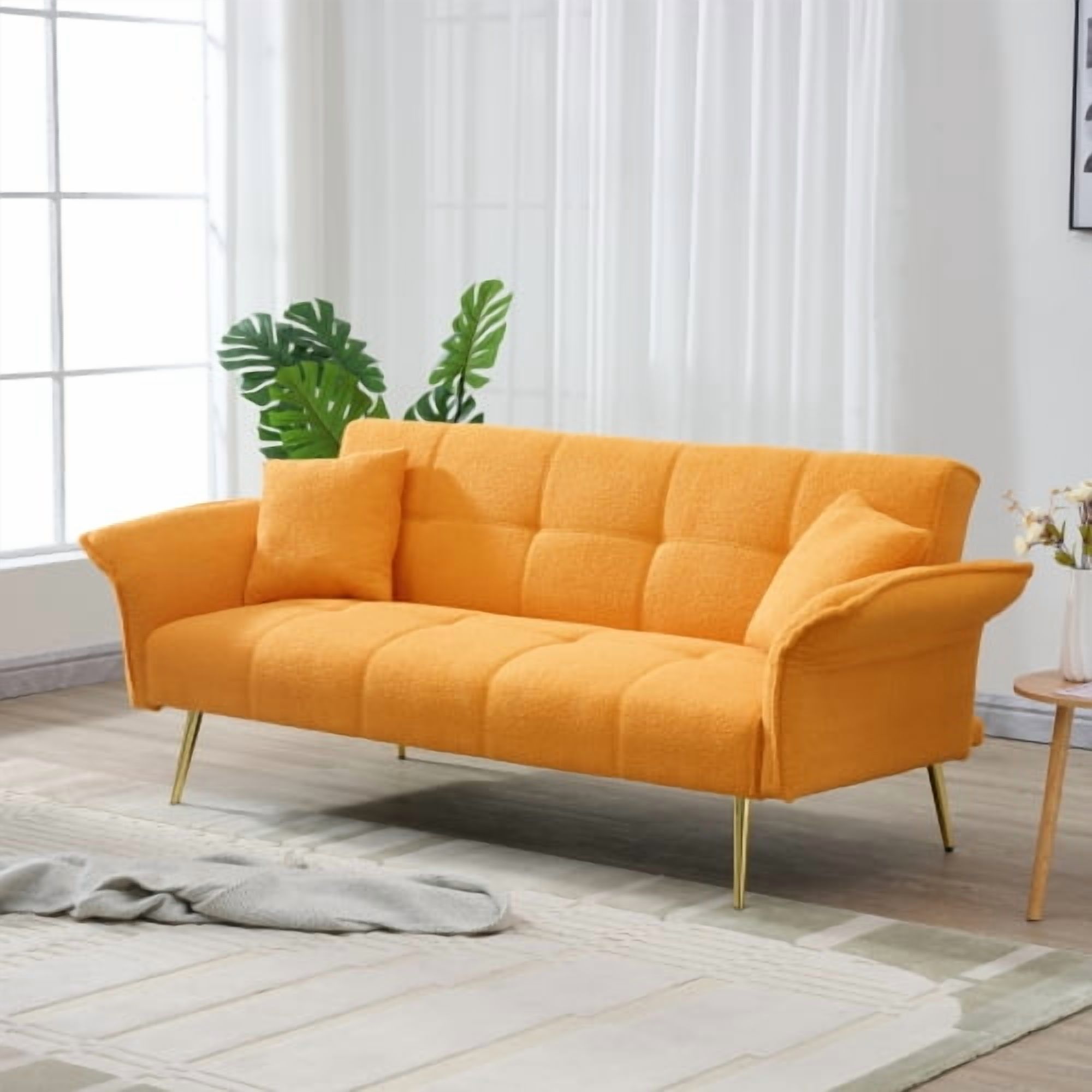 BSHTI 70.1 inch Futon Sofa Couch, Modern Convertible Double Sofa Bed with Folding Armrests for livingroom,Yellow