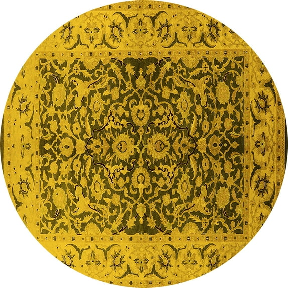 Ahgly Company Machine Washable Indoor Round Oriental Yellow Industrial Area Rugs, 5' Round