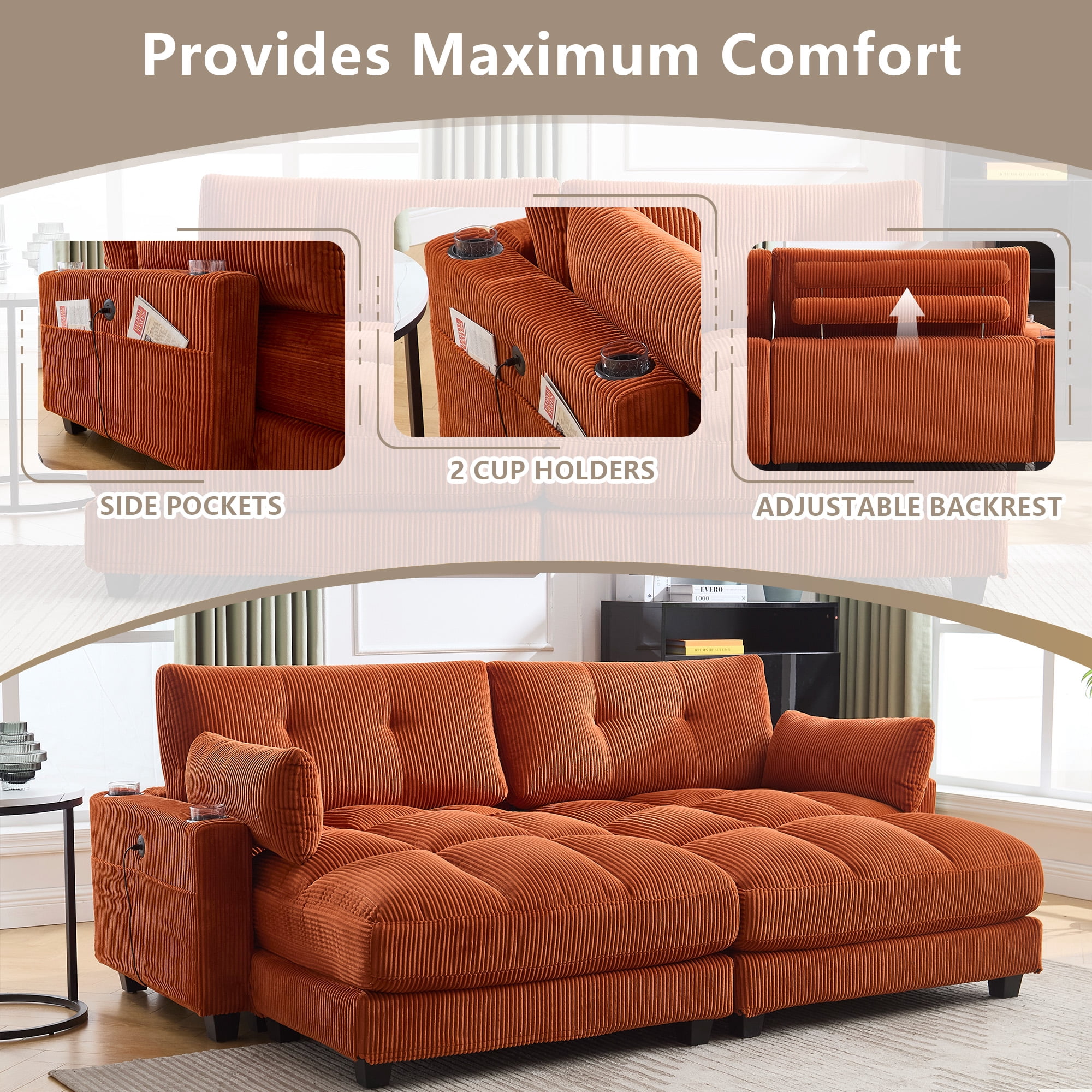 MOONMISS Corduroy Upholstered Soft Deep Seat Sleeper Loveseats Sofa with USB,Type-C&Cup Holders-Orange