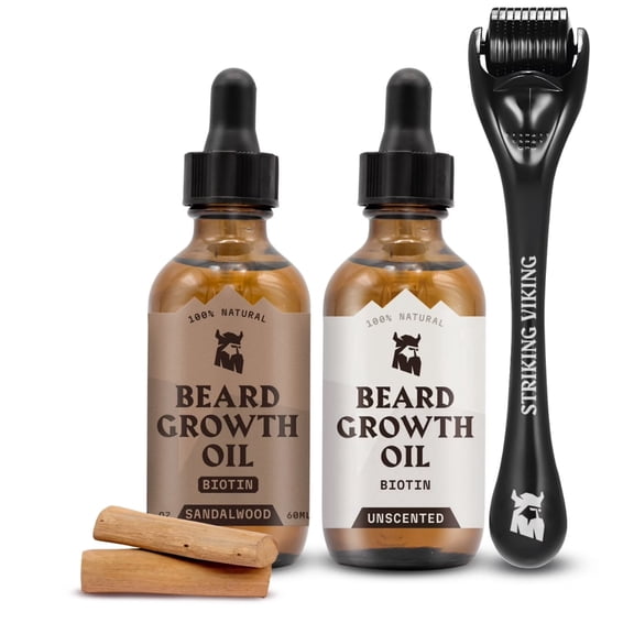 Striking Viking Beard Growth Oil Bundle Sandalwood Unscented Derma Roller Beard Care Kit for Men Set