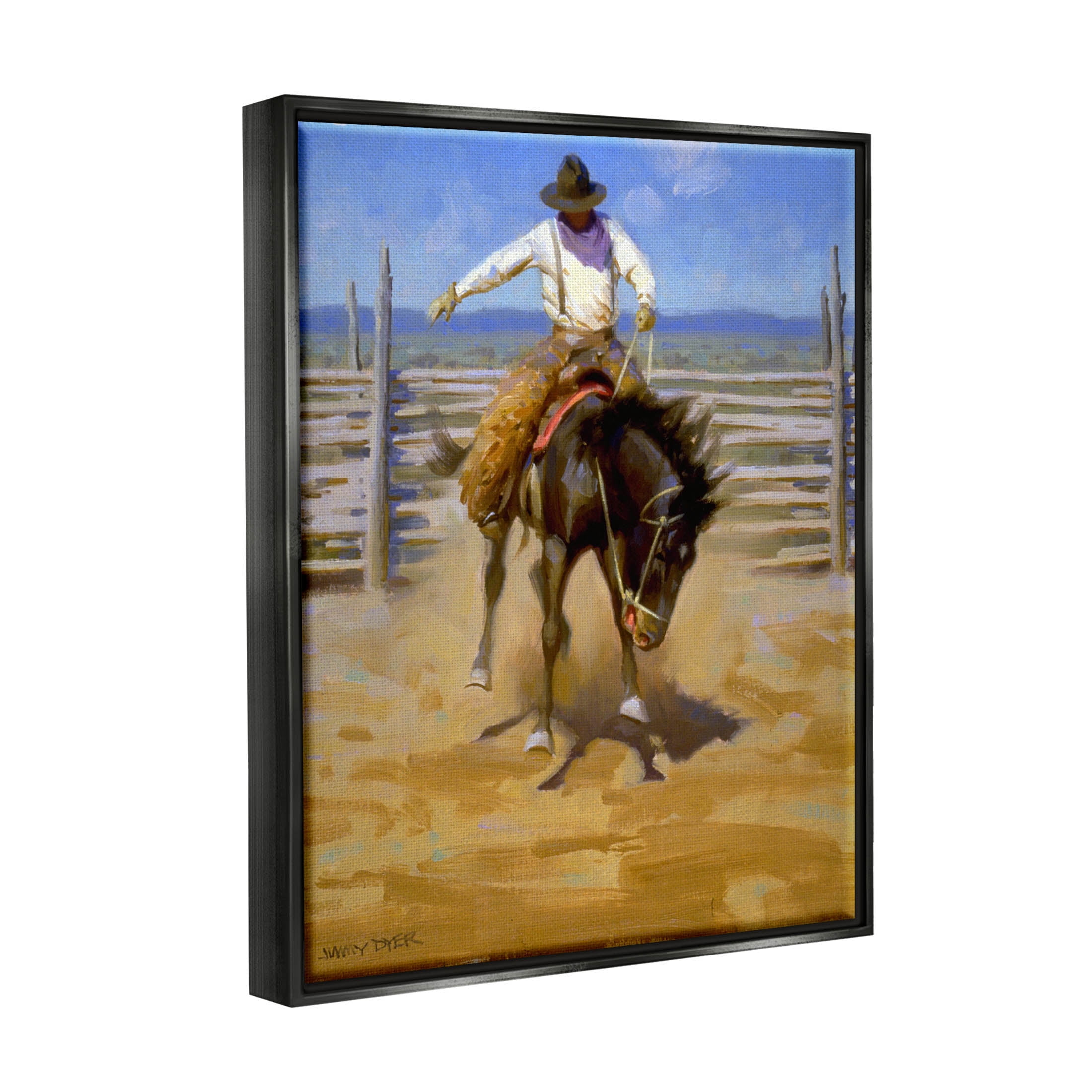 Equestrian Rodeo Horse Jockey Animals & Insects Painting Jet Black Framed Art Print Wall Art