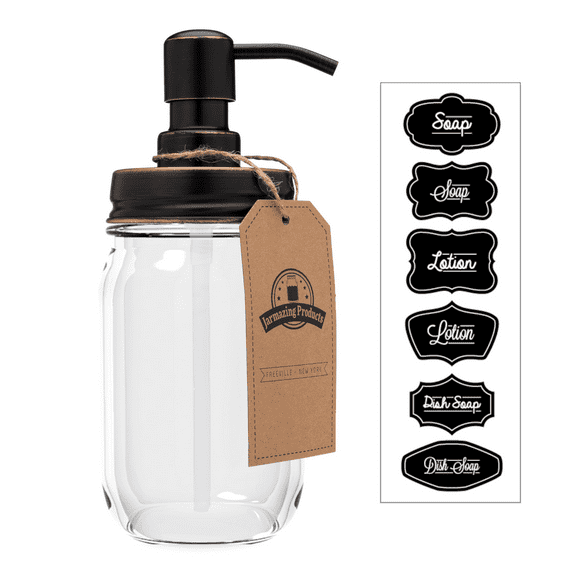 Jarmazing Products Mason Jar Soap Dispenser - Oil-Rubbed Bronze - With 16 Ounce Clear Mason Jar