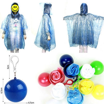 Hooded Raincoat Disposable Portable Rain Jacket Poncho Rainwear W/ Keyring Ball 