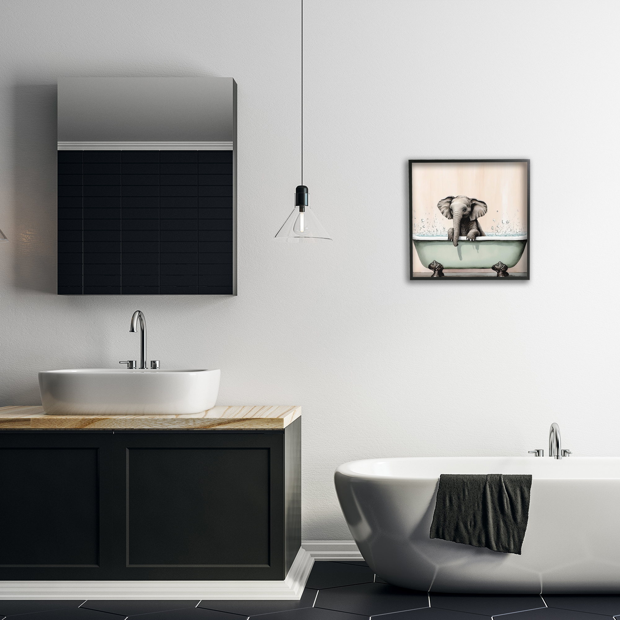 Baby Elephant Bathtime Black Framed Giclee Art, design by Sasha