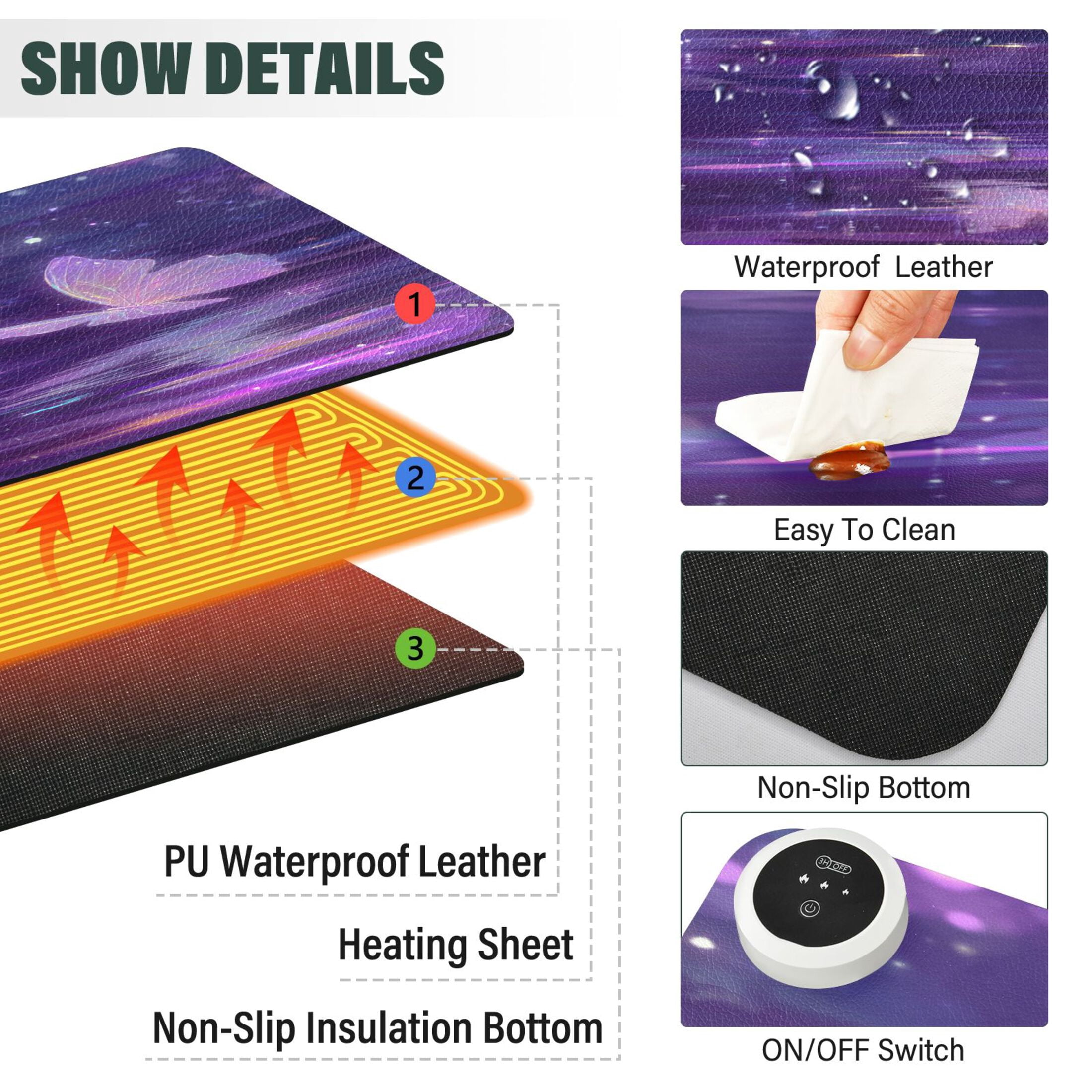 Large Heated Desk Mat Mouse Pad 31.5"x13"PU Leather Graphene Heating Desk Warmer with 3 Temperature Settings 110V US Plug Non-Slip Warm Pad for Home, Office, and Gaming Crystal Pink Butterfly Pattern