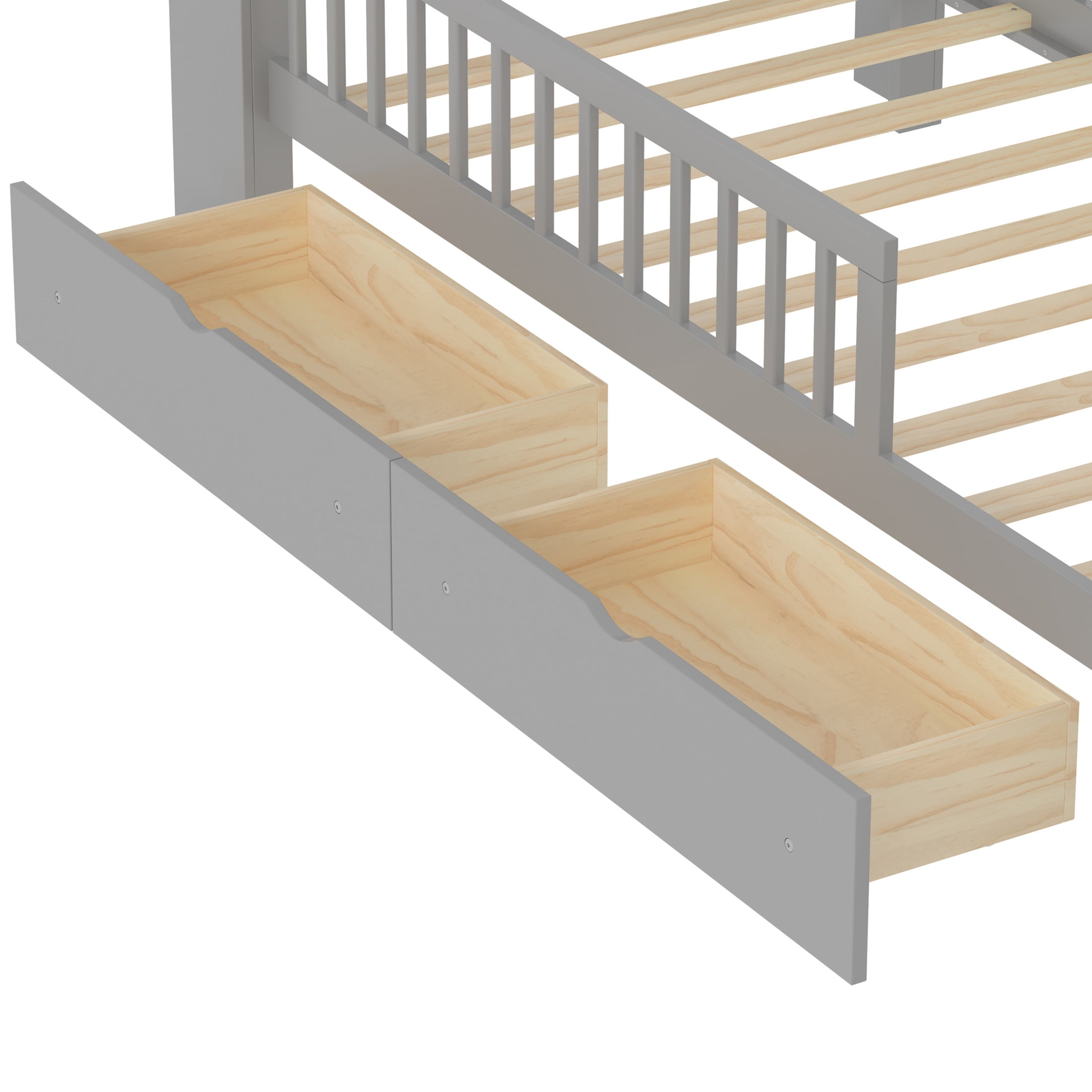 Noble House Twin Bed Frame with Headboard Storage Rack, 2 Drawers, and Safety Guardrails, Gray