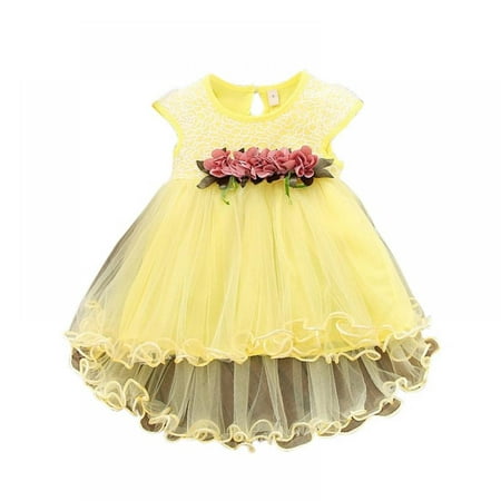 

Hot Sale! Baby Girl Dresses Summer Floral Print Sleeveless Cotton Princess Ruffle Lace Dress Tulle Tutu Sundress Pageant Party Wedding Birthday Flower Girl Dress Yellow