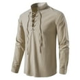 thumbnail image 2 of SSKDBFJG Men's Retro Style Drawstring Tie Long Sleeve Shirt, Casual Men's Tops Standing Collar Shirt (Khaki)XL, 2 of 6