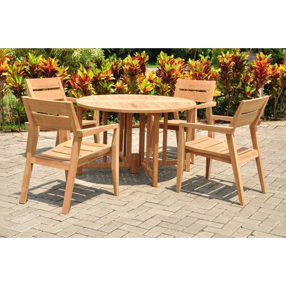 5 PC A Grade Outdoor Patio Teak Dining Set - 48" Butterfly Round Table & 4 Cellore Stacking Arm Chairs