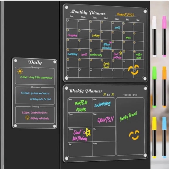 Acrylic Magnetic Dry Erase Board Refrigerator Calendar, 16"x12" Calendar Whiteboard for Wall, Set of 3 Transparent Magnetic Dry Erase Board for Monthly Weekly Daily Menu Planner Whiteboard