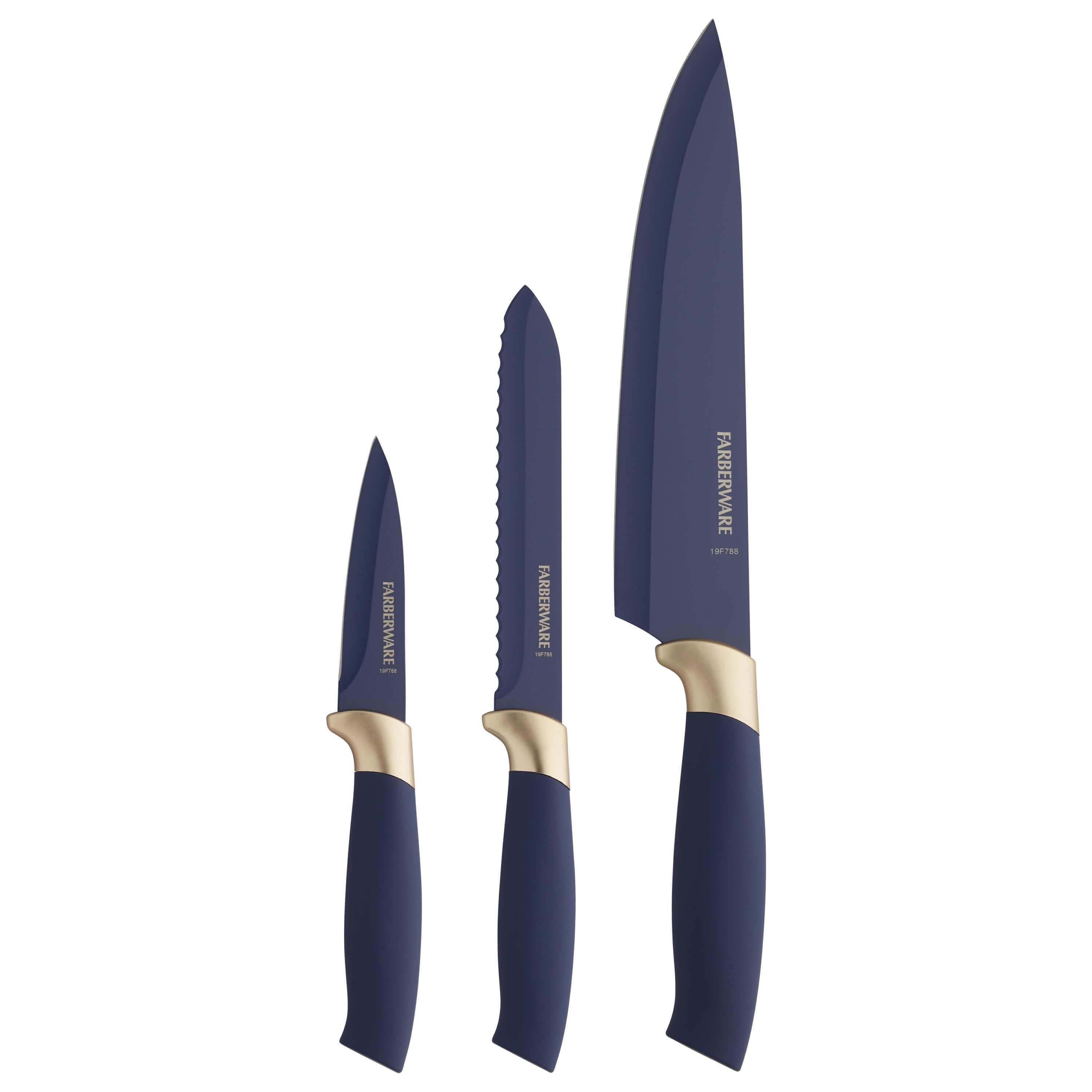 Farberware 3piece Chef Knife Set, Navy and Gold Soft Grip Handle