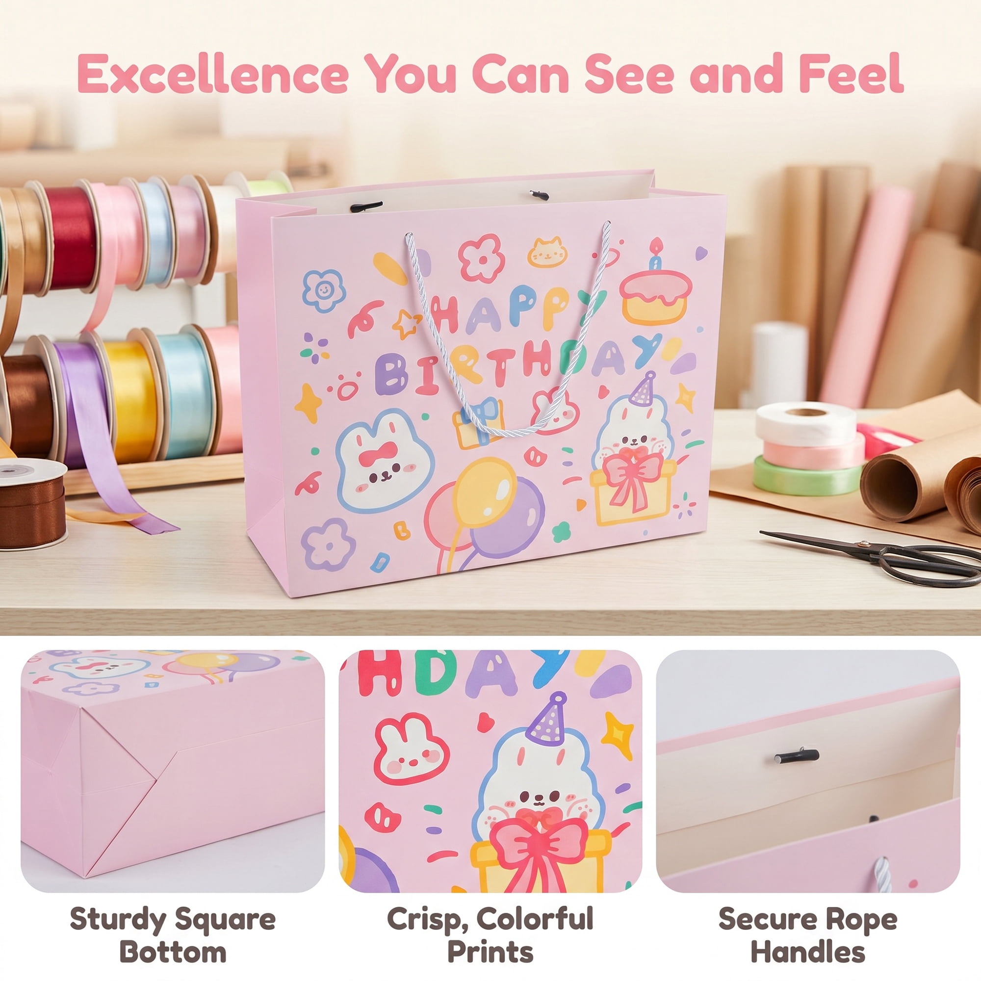 Unique Bargains 6Pcs Vibrant Cartoon Themed Birthday Gift Bags Pink 12.6" x 4.5" x 9.8"