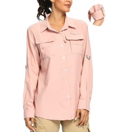 FEN AI Women Button up Shirts Long Sleeve Hiking Fishing Travel Shirt Casual Blouse for Outdoor Pink